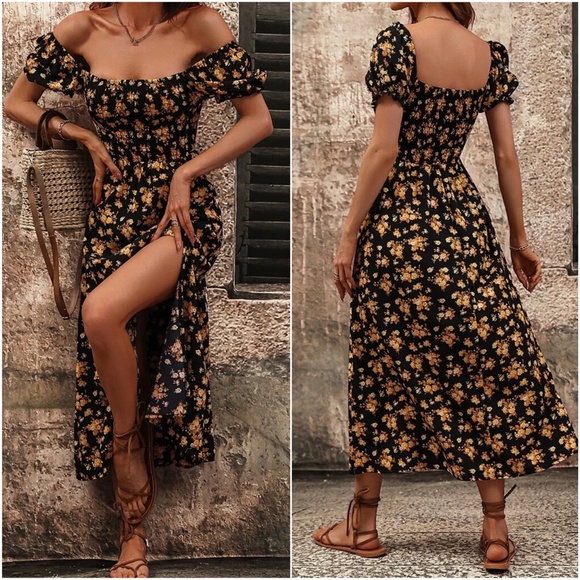 Boho floral Print Off Shoulder Puff Sleeve Dress - Picture 2 of 3